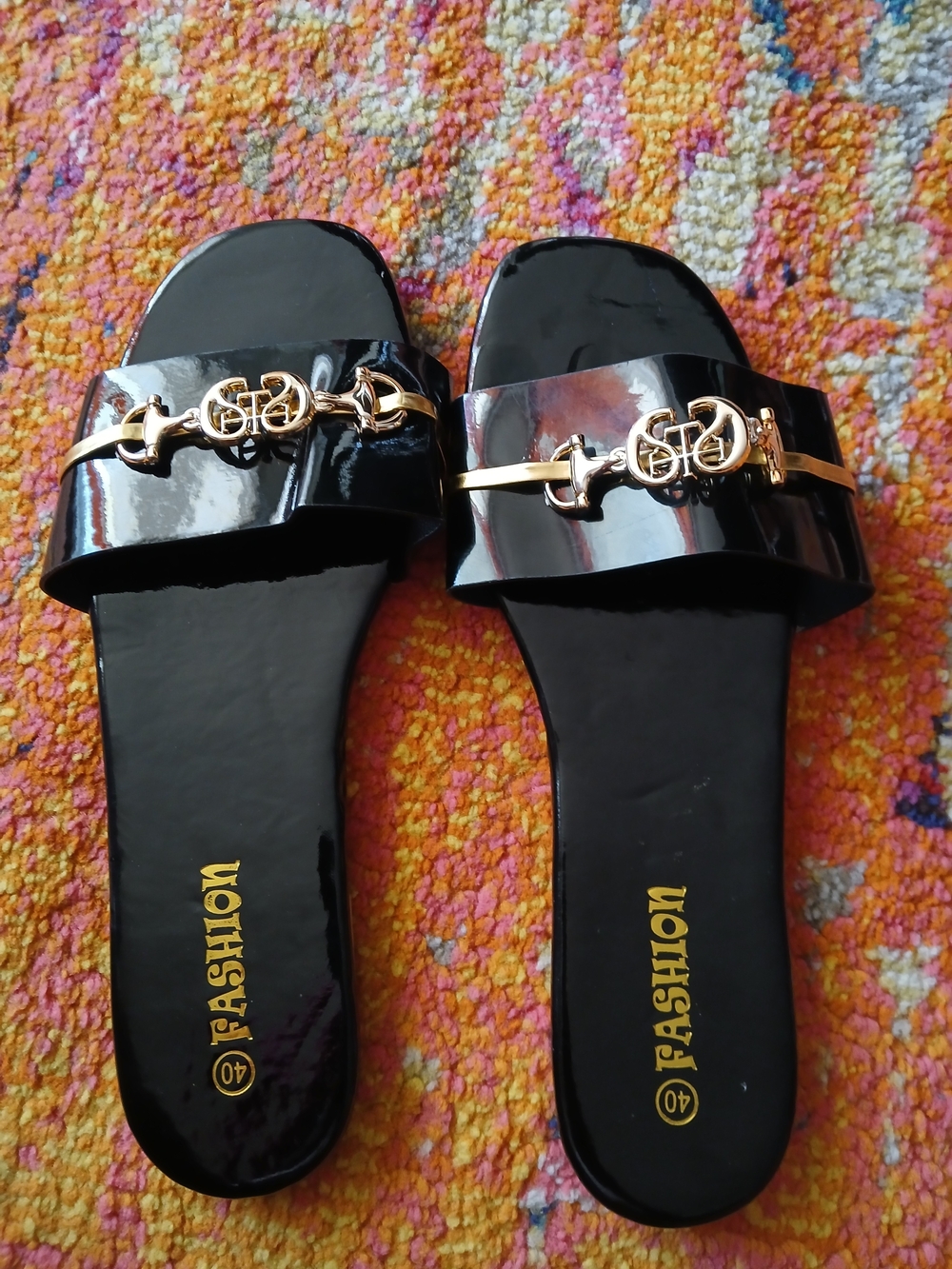 & Other Stories Black Patent Slide Mules with Gold Logo Hardware